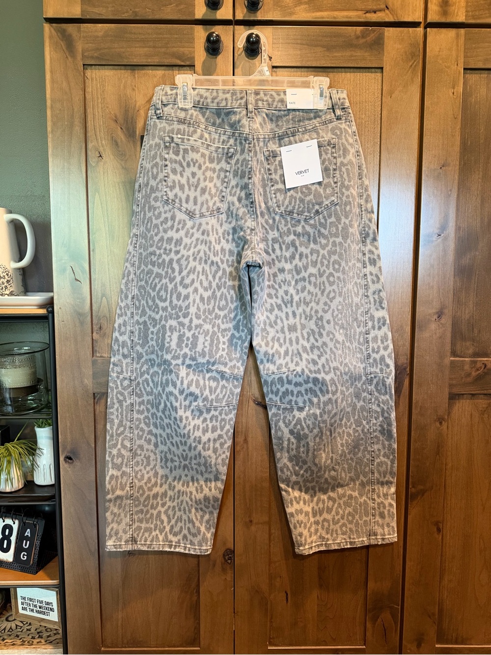 Women's Gray Leopard Print Drawstring Barrel Jeans - Picture 2 of 4